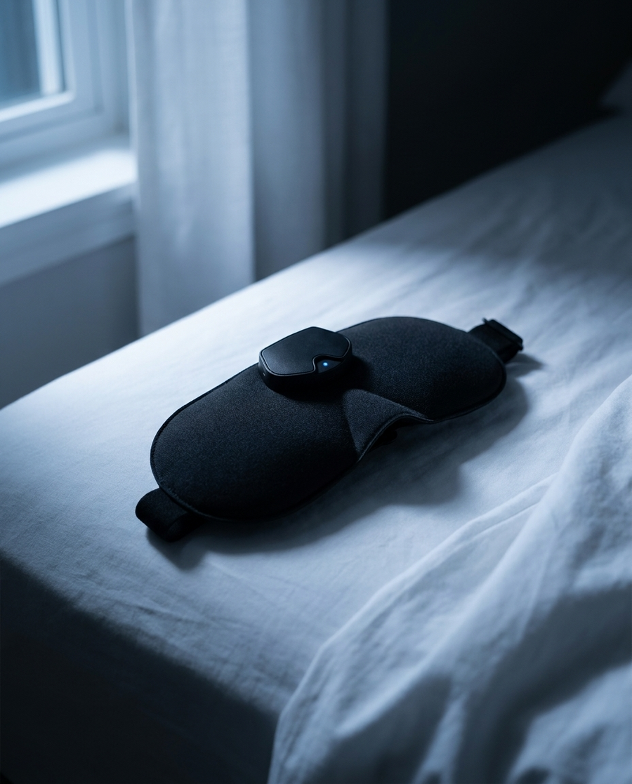 Máscara de Sueño Inteligente ZEKO plegada sobre ropa de cama blanca en un dormitorio a oscuras