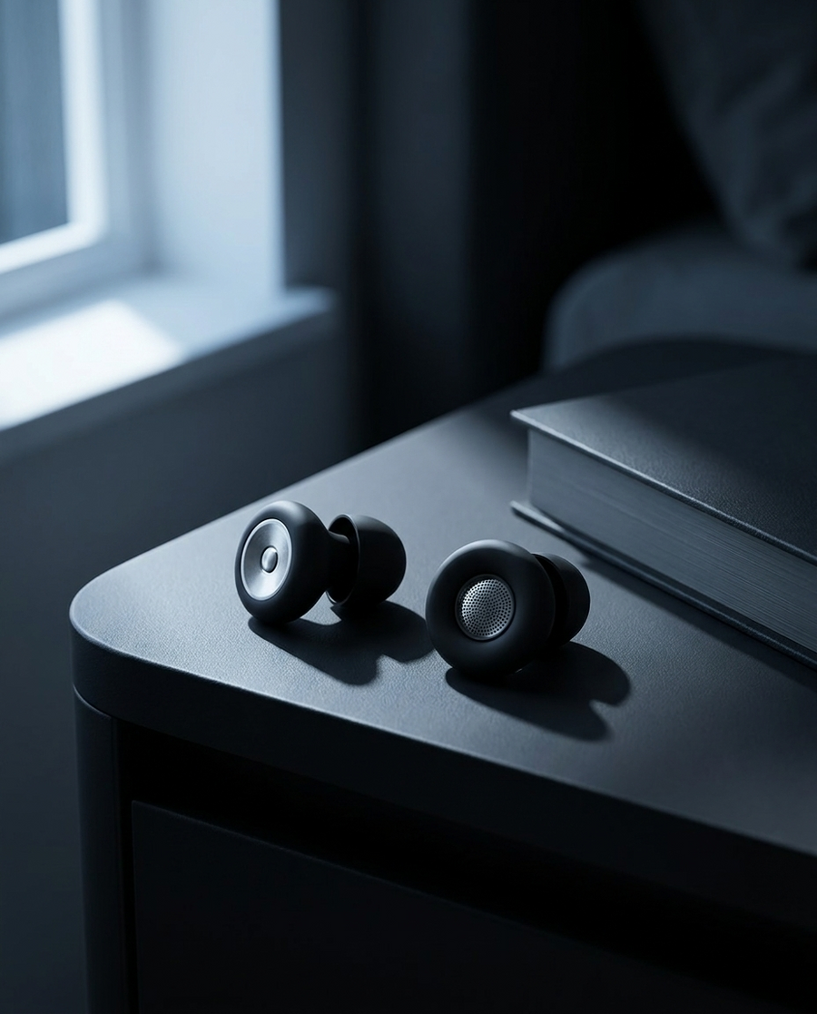 Tapones para Dormir ZEKO sobre una mesilla de noche junto a un libro cerrado