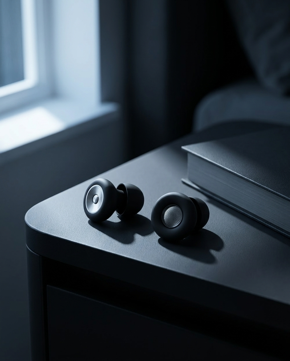 Tapones para Dormir ZEKO sobre una mesilla de noche junto a un libro cerrado